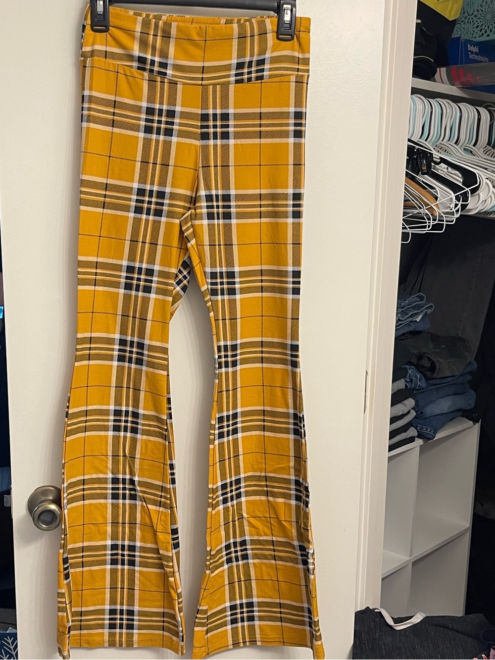 No Boundaries Yellow Plaid Flare Leggings